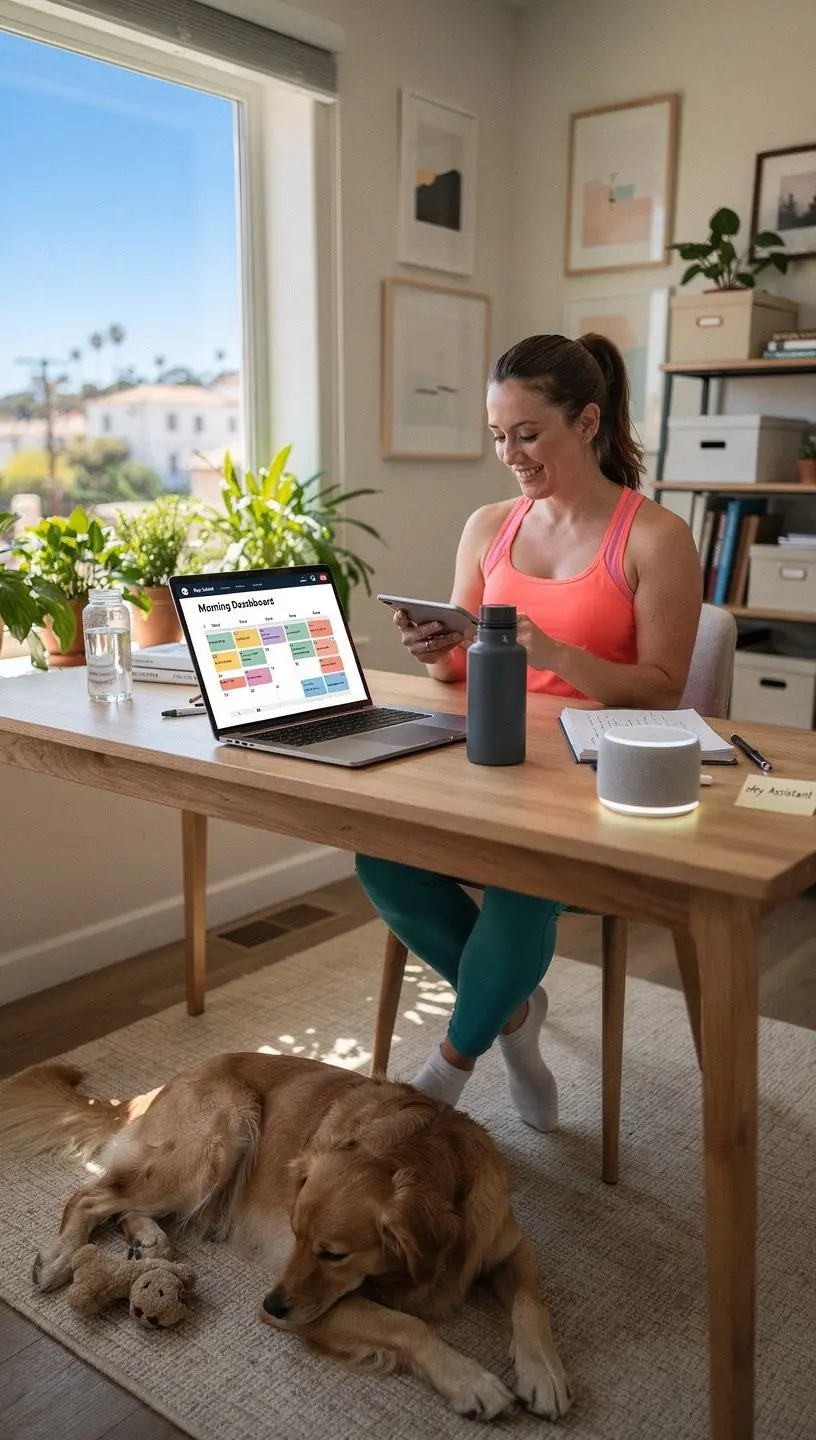 A professional workspace with a laptop displaying automation software, surrounded by notes and coffee, illustrating practical technology use in everyday tasks.
